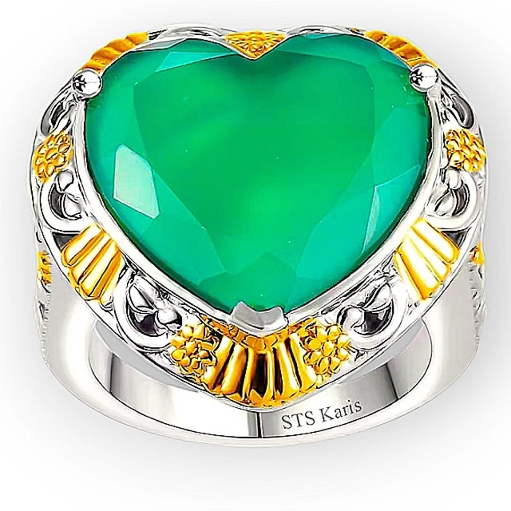 18K Yellow Gold & Platinum Bond Green Onyx 5.65 ctw Heart Ring